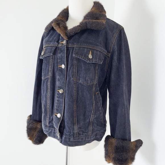 Y2K Denim Jacket Fur Lined Collar Button Up Down Long Sleeve Dark Wash - Picture 5 of 14